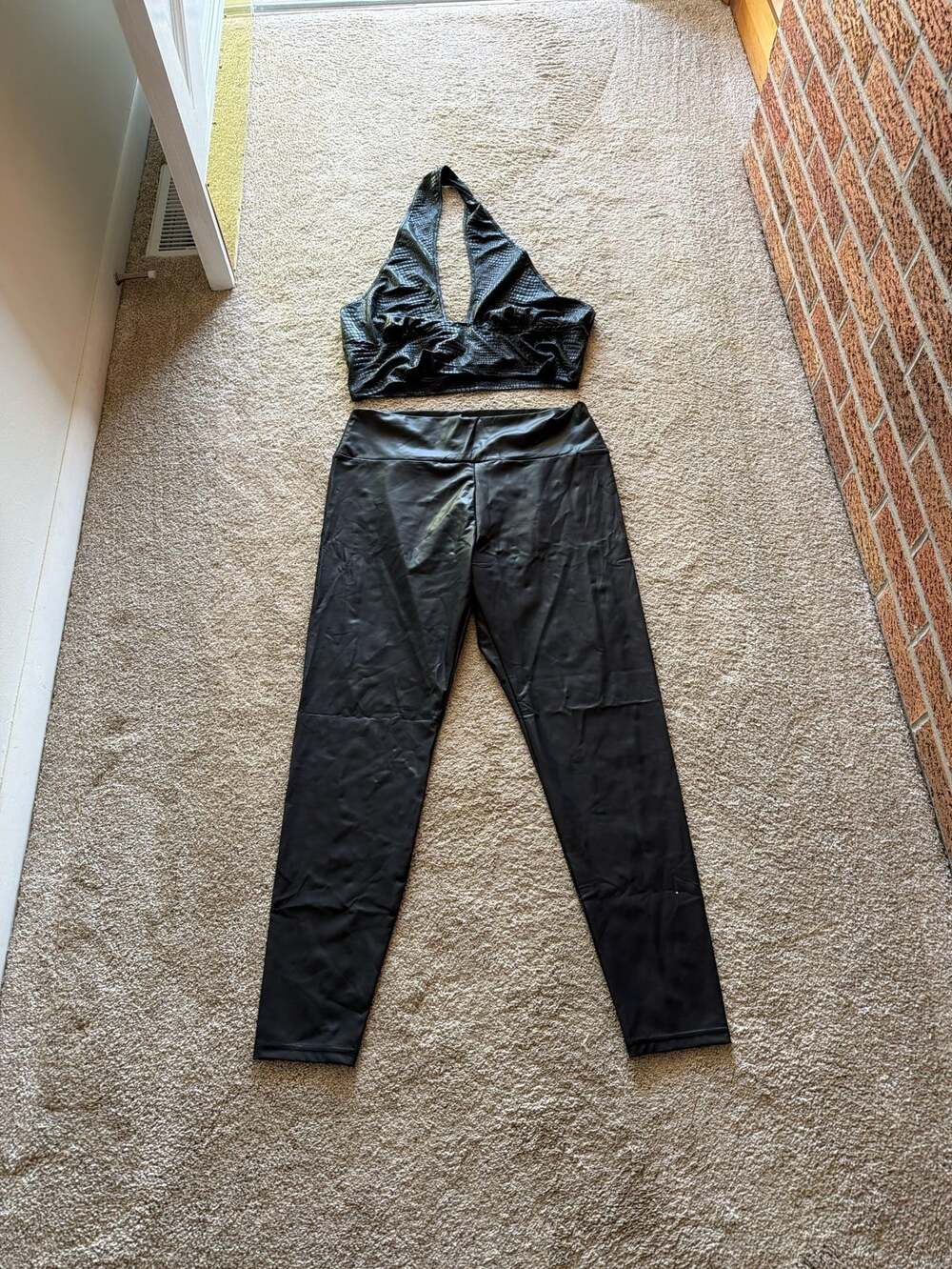 2-Piece Faux Leather Set Halter Crop Top and Leggings Black